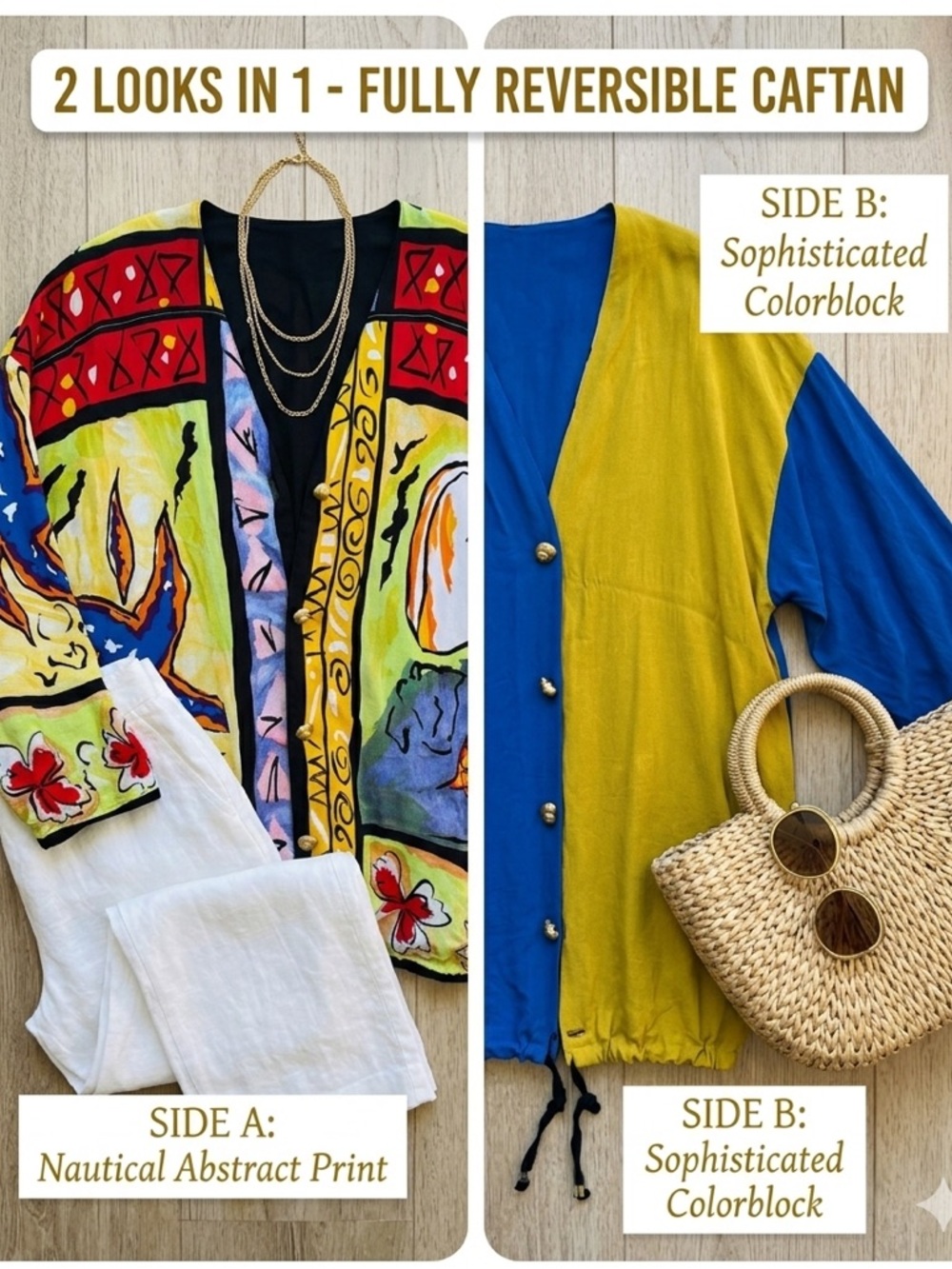Reversible Art to Wear Caftan Jacket Nautical Shell Buttons Dopamine Dressing
